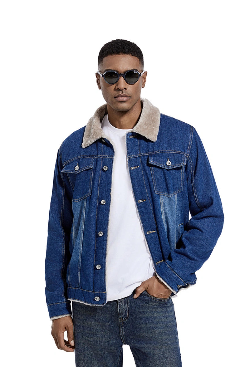 Mens Fleece Lined Denim Jacket, Removable Faux Fur Collar Winter Warm Jean Coat, Heavyweight Casual Trucker Outerwear for Fall Winter Black Friday Gift