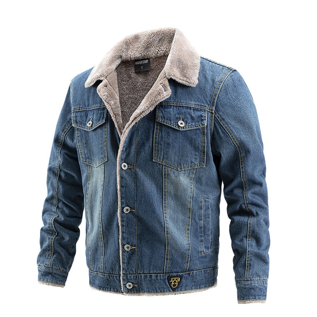 Mens Fleece Lined Denim Jacket, Removable Faux Fur Collar Winter Warm Jean Coat, Heavyweight Casual Trucker Outerwear for Fall Winter Black Friday Gift