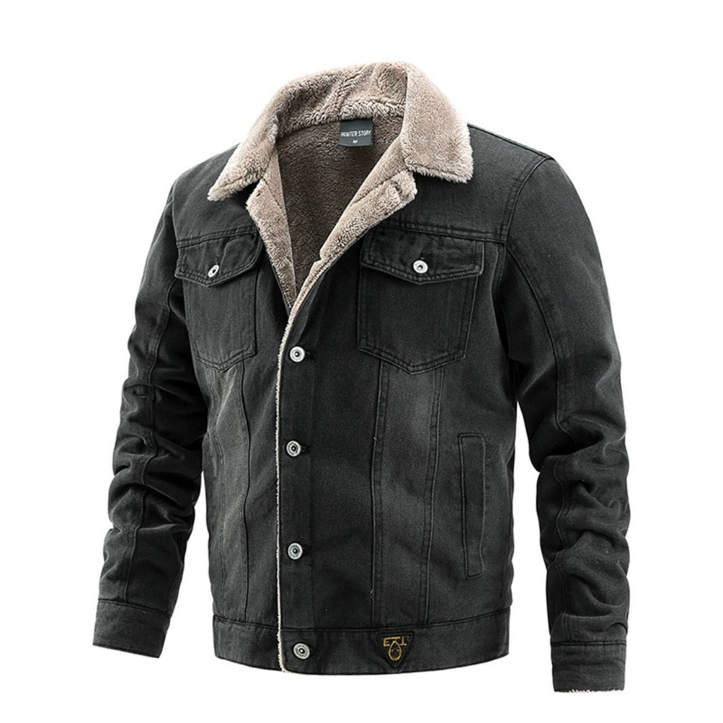 Mens Fleece Lined Denim Jacket, Removable Faux Fur Collar Winter Warm Jean Coat, Heavyweight Casual Trucker Outerwear for Fall Winter Black Friday Gift