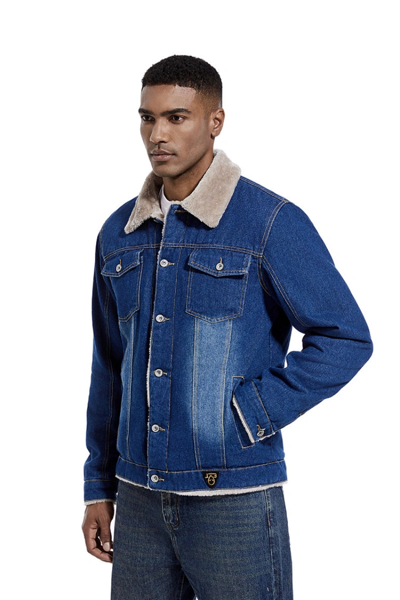 Mens Fleece Lined Denim Jacket, Removable Faux Fur Collar Winter Warm Jean Coat, Heavyweight Casual Trucker Outerwear for Fall Winter Black Friday Gift
