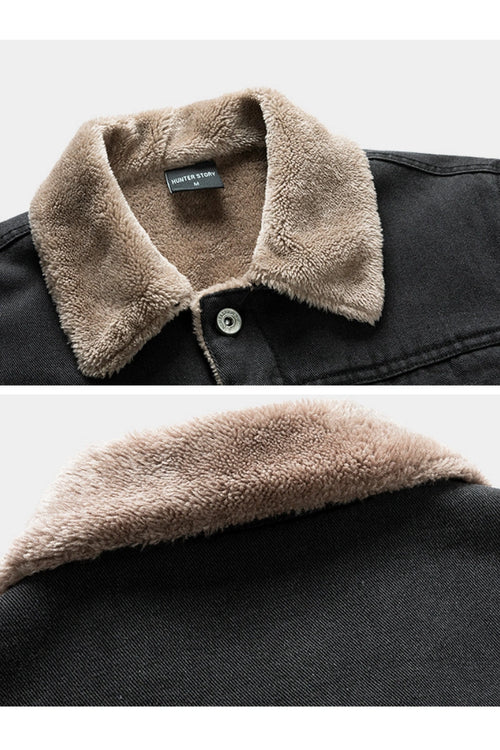 Mens Fleece Lined Denim Jacket, Removable Faux Fur Collar Winter Warm Jean Coat, Heavyweight Casual Trucker Outerwear for Fall Winter Black Friday Gift