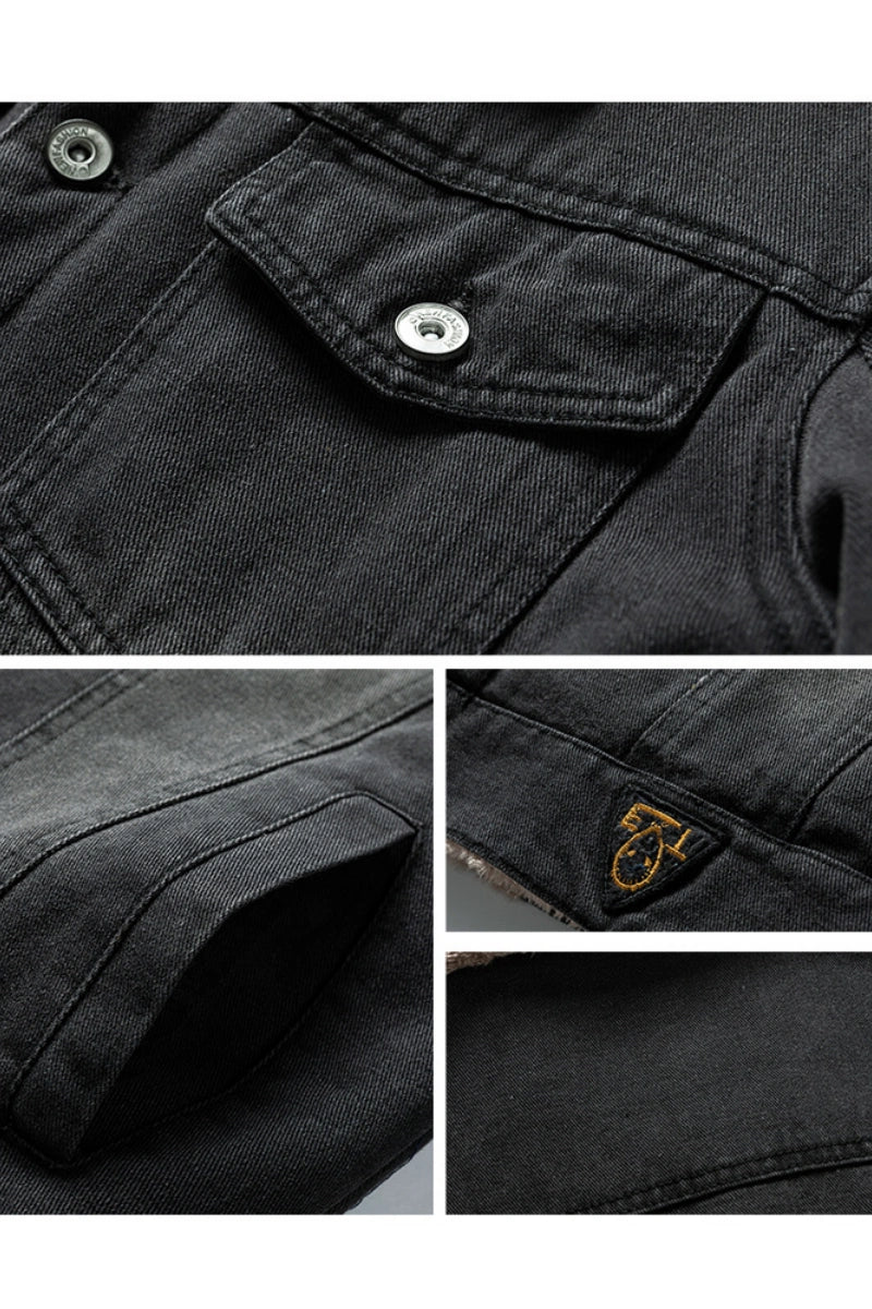 Mens Fleece Lined Denim Jacket, Removable Faux Fur Collar Winter Warm Jean Coat, Heavyweight Casual Trucker Outerwear for Fall Winter Black Friday Gift